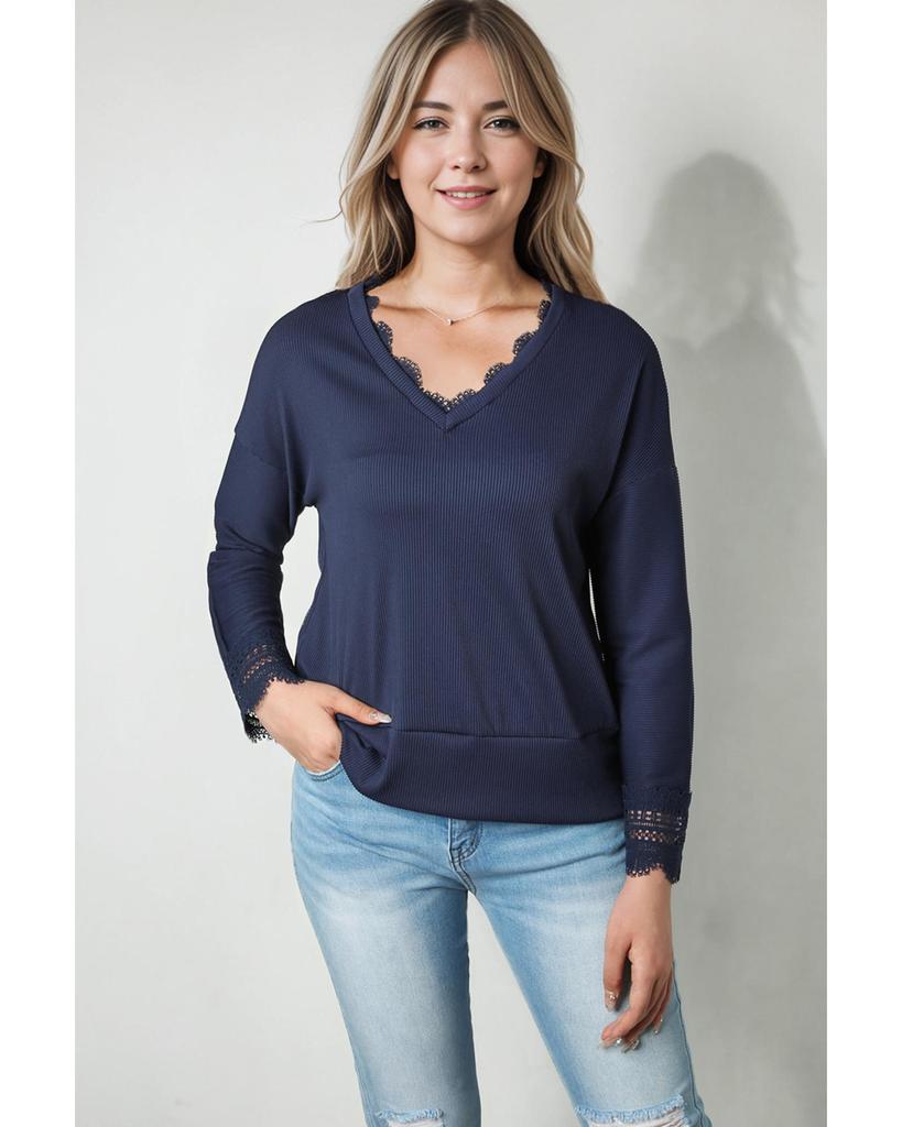 Azura Exchange Ribbed Texture V Neck Long Sleeve Top