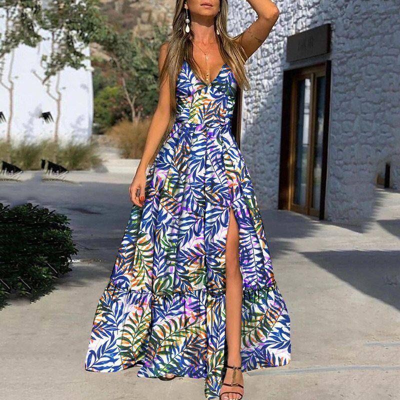 2025 Cross-Border Summer New European and American Women's Fashion Sexy Deep V-Neck Strap Dress Printed Sleeveless Slit Long Dress