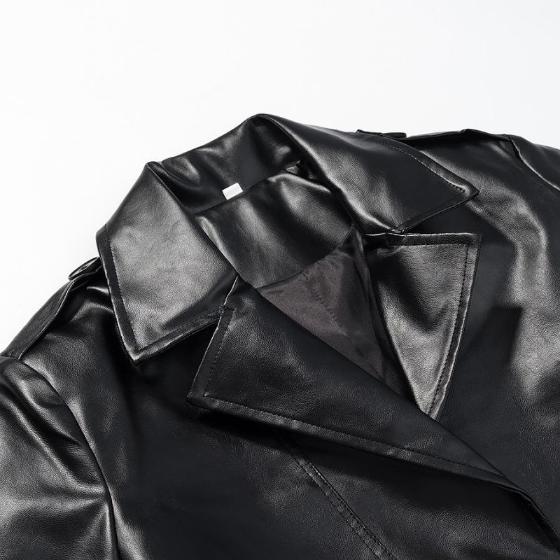 European and American Women's Faux Leather Fashion Trench Coat Jacket
