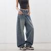 Damen High Rise Barrel Jeans Lockerer Sitz Twill Gewaschen Blau Weiter Bein Lange Hose Mit Großen Taschen Amerikanischer Street Style
