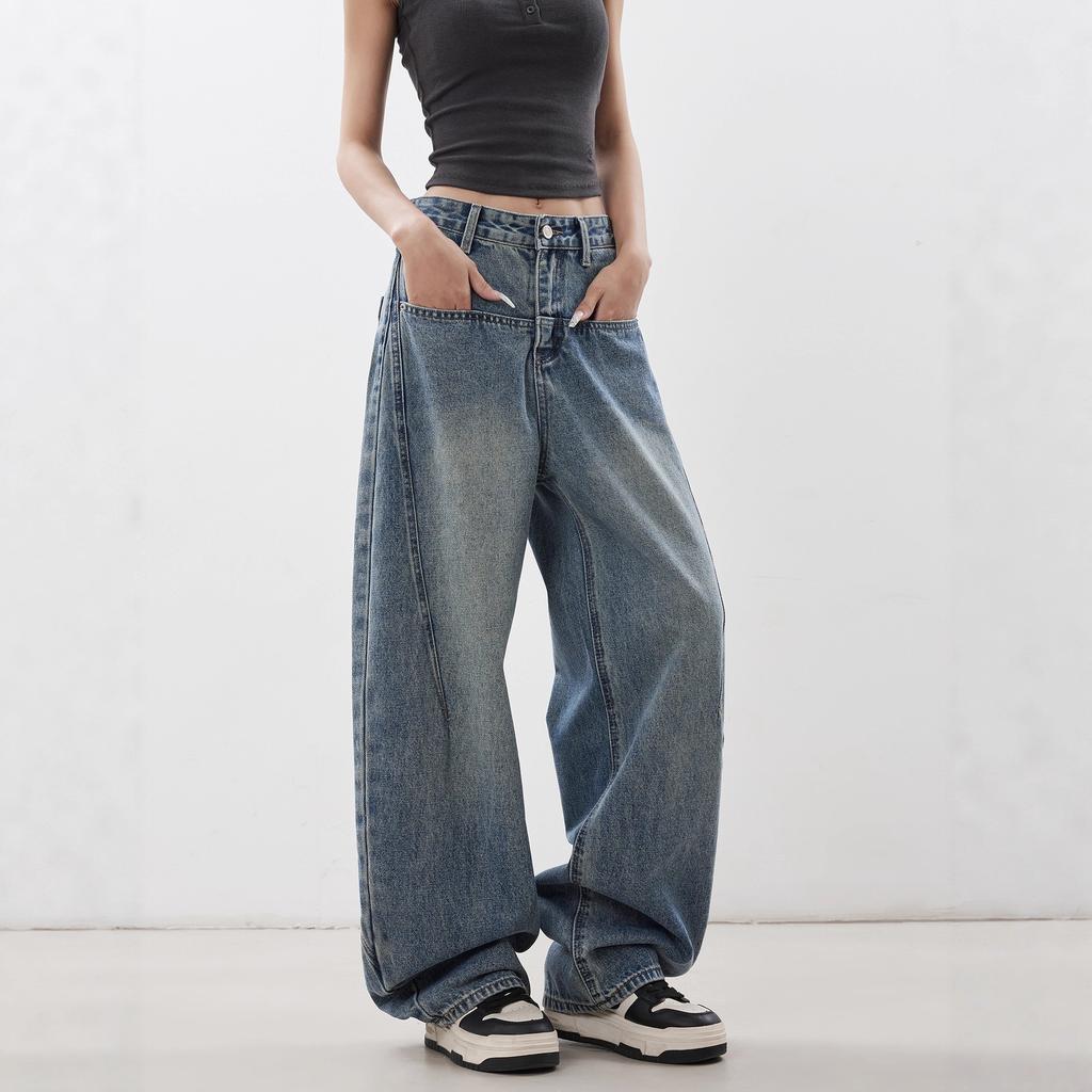 Damen High Rise Barrel Jeans Lockerer Sitz Twill Gewaschen Blau Weiter Bein Lange Hose Mit Großen Taschen Amerikanischer Street Style