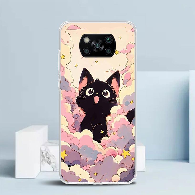 Anime Cute Black Cat Meow Phone Case For Xiaomi Poco F7 Ultra X5 X6 X7 Pro M7 Redmi 15C 15 13C 13 12C 12 10C 10 10A 9 9C 9A 9T C
