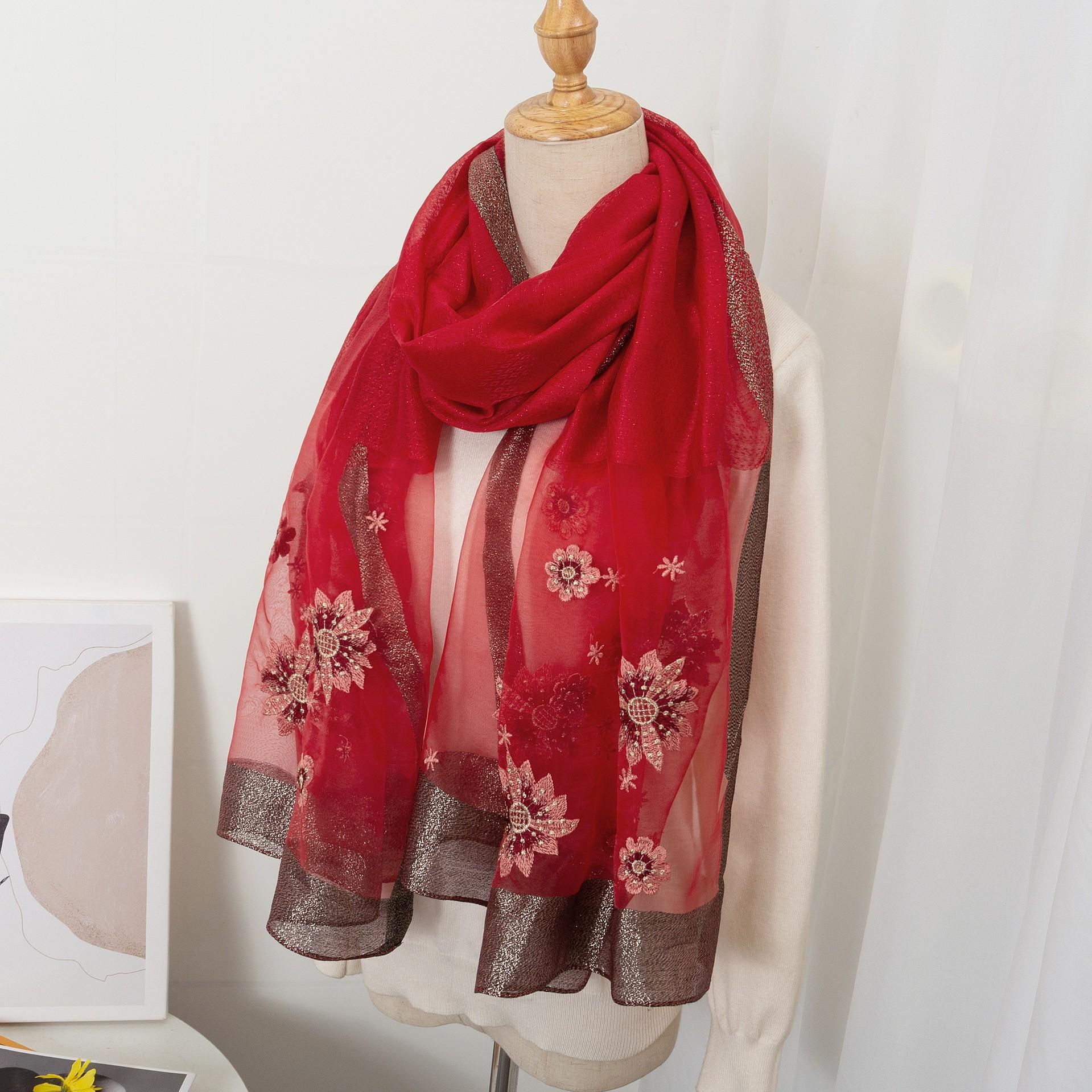 

Korean Version Of Simple And Versatile Embroidered Begonia Flowers, High-End Embroidered Silk Scarves, Fashionable And Versatile Shawls, Gifts
