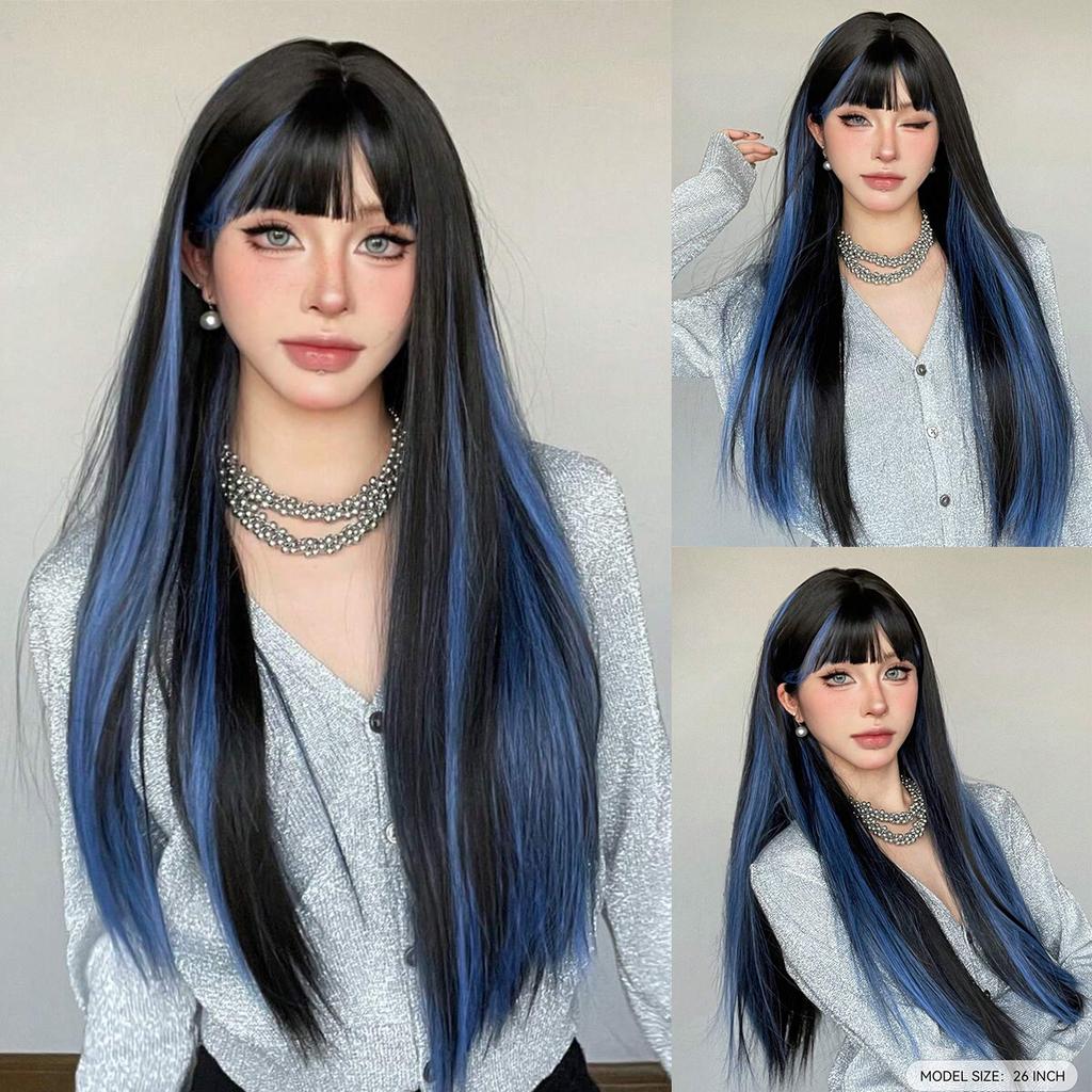 Zwarte Highlights Roze Synthetische Pruik met Pony Lange Rechte Zwarte Highlights Rode Pruik Voor Vrouwen Cosplay Feest Kerstpruik 26inch