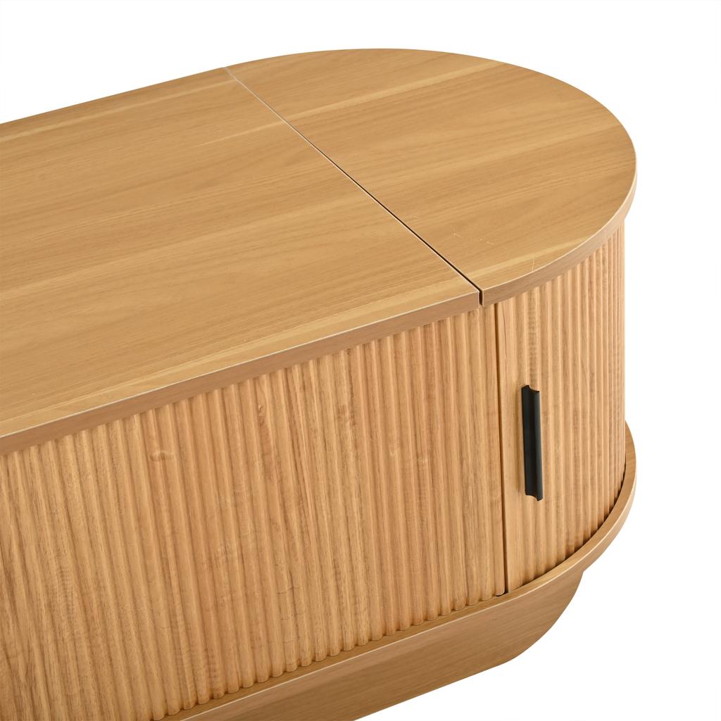 Height-Adjustable Coffee Table 110×50×42cm, up to 55.5 cm, Wood Color, Oval Sofa Table with Roller Shutters, Hydraulic Lifting Mechanism