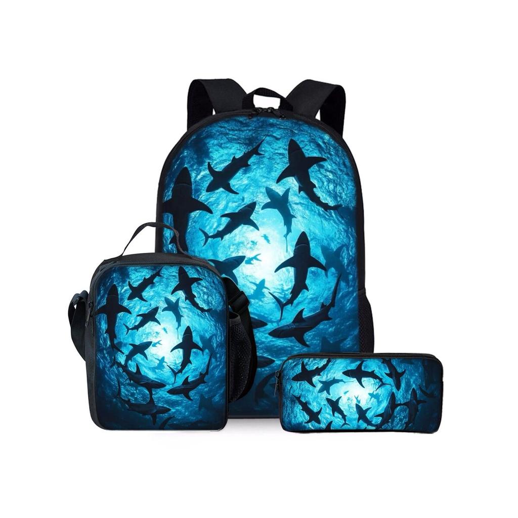 Hai Meeresmotiv Dreiteiliges Rucksäcke Set für Jungen und Mädchen Beste Geschenke 2D Flache Cartoon Schultasche für Kinder