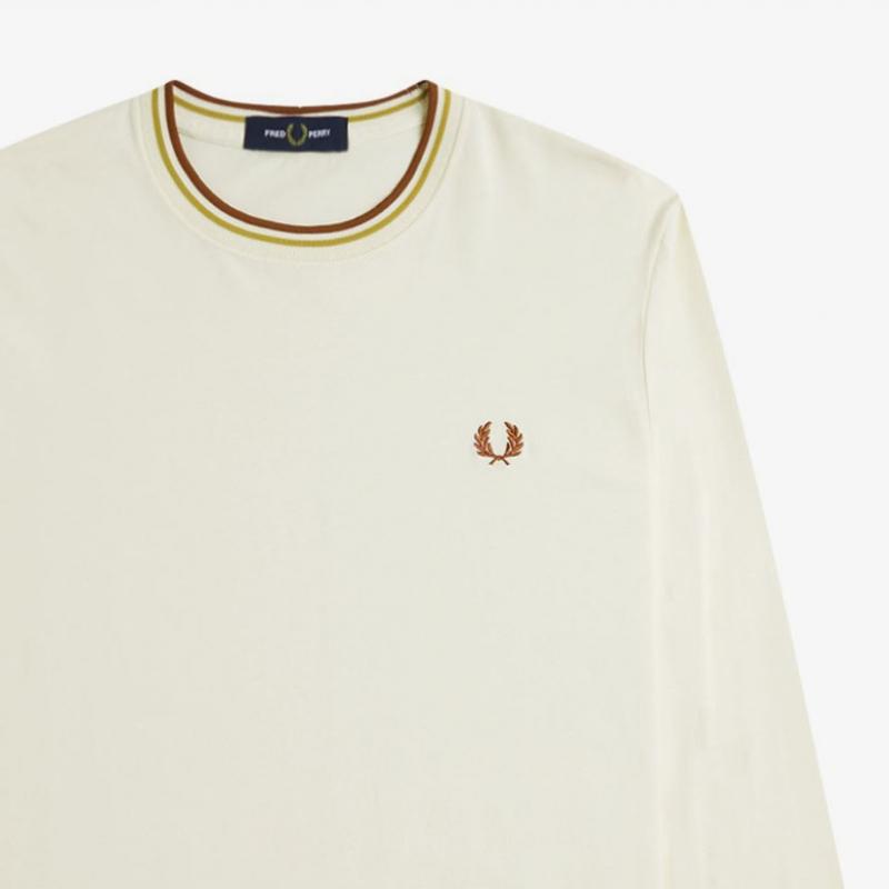 Fred Perry Long Sleeve Twin Tip T shirT Ecru Honeycomb Marmalade Afpm2439602 X01