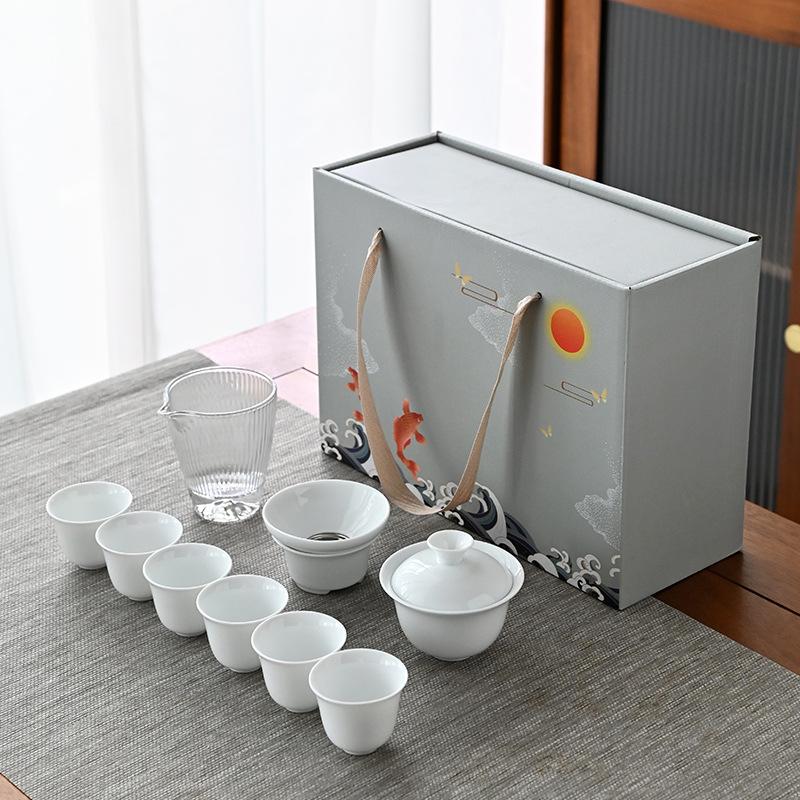 Suet Jade Kung Fu Tea Set, a Complete Set of Household Ceramic Cover Bowls and Teacups, a Complete Set of White Porcelain