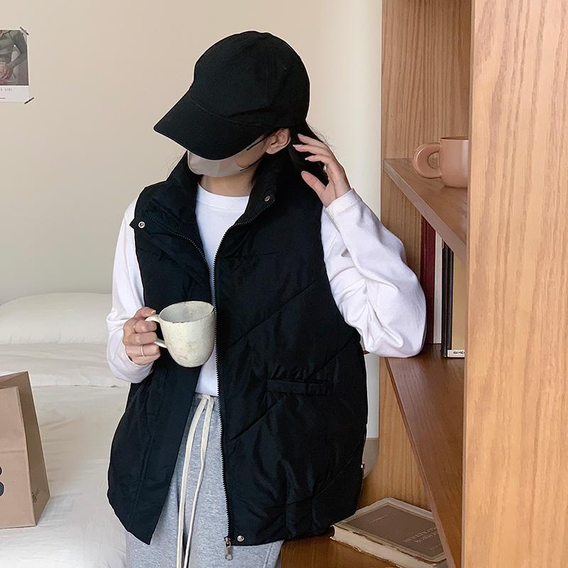 Loose Cotton Sleeveless Vest with Side Zipper for Women, Korean Style Solid Color Coat for Autumn and Winter