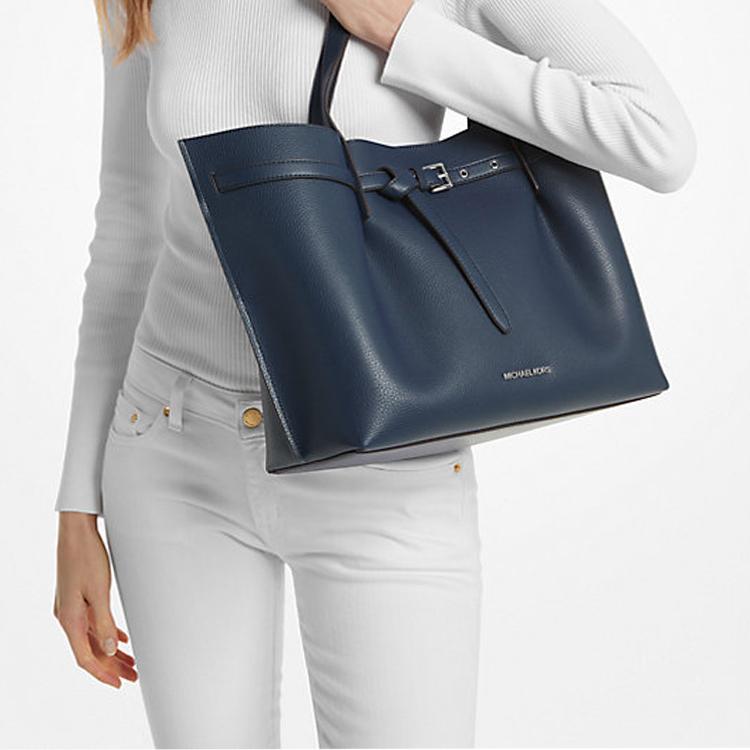 Michael Kors Mk Emilia Brand Metal Logo Litchi Grain Leather Tote Bag Shopping Bag Handheld Shoulder Bag Women Tote Navy-Blue 35S1SU5T7T-NAVY