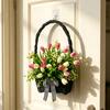 Spring Summer Tulip Basket Wreath for Front Door Artificial Floral Door Hanging Wreath with Woven Basket for Farmhouse Home Wall Door