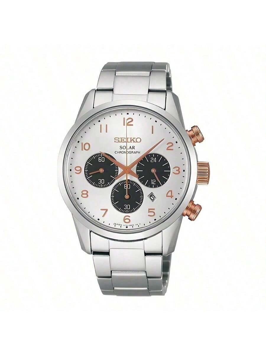 

Мужские солнечные часы-хронограф Seiko Spirit SBPY093G - Серебристый циферблат «Панда» из нержавеющей стали белый