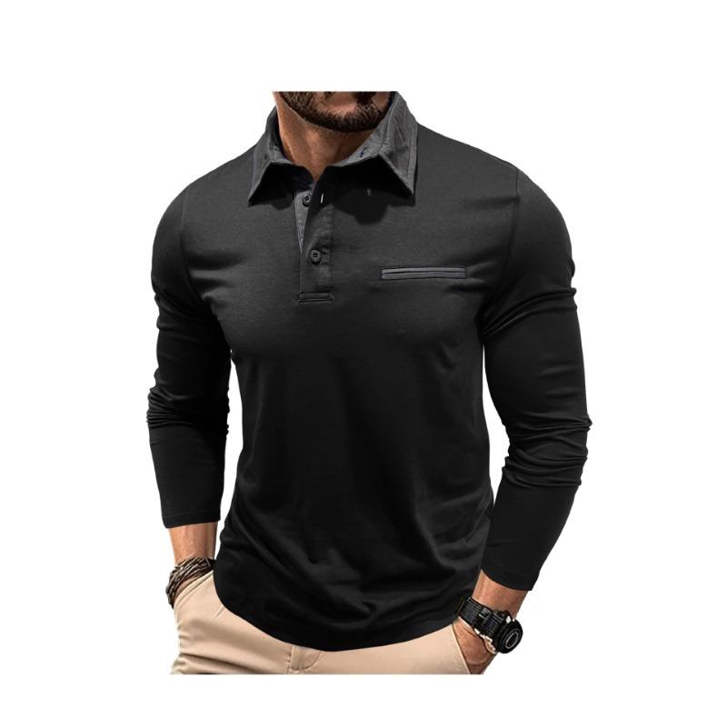 Men Long Sleeve Polo Shirt with Contrast Color Collar Casual Pocket Top