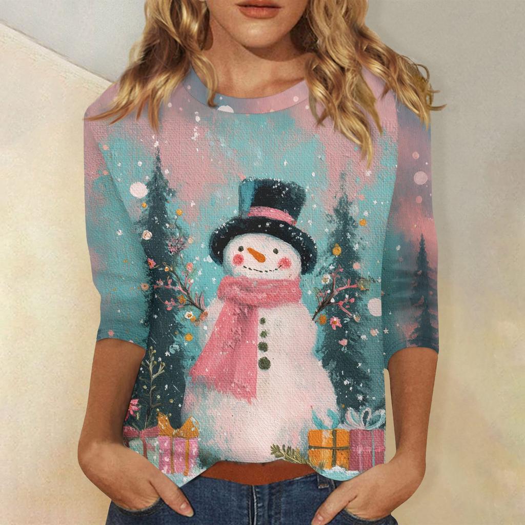 3/4 Sleeve Shirts For Women Print Christmas Tees Blouses Casual Plus Size Basic Tops Pullover