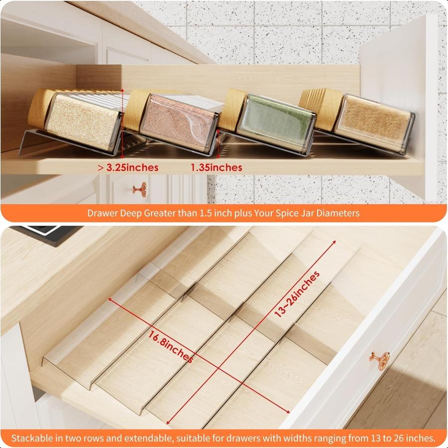 Spice Drawer Organizer 4 Tier Clear Acrylic Expandable From 13" To 26" Seasoning Jars Drawer Insert Kitchen Drawer Spice Rack T