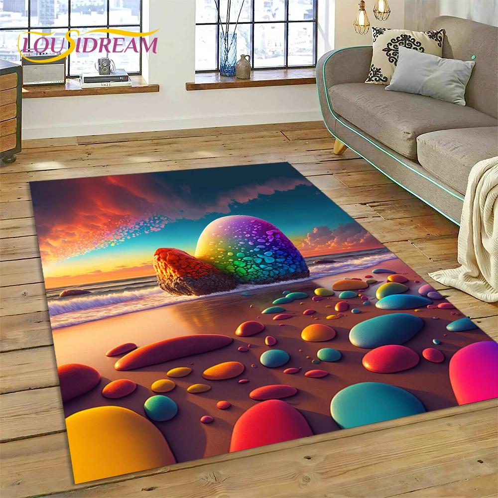 2025 New Style Colorful Pebble Rainbow Road Beach Stone Scenery Carpet Rug for Living Room Bedroom Home Sofa,Non-slip Floor Mat