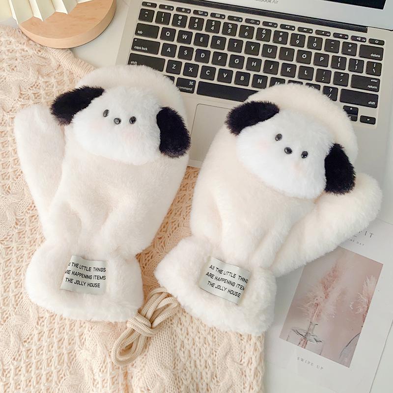 Winter Cartoon Korean Style Plush Lined Cycling Gloves with Lanyard for Students