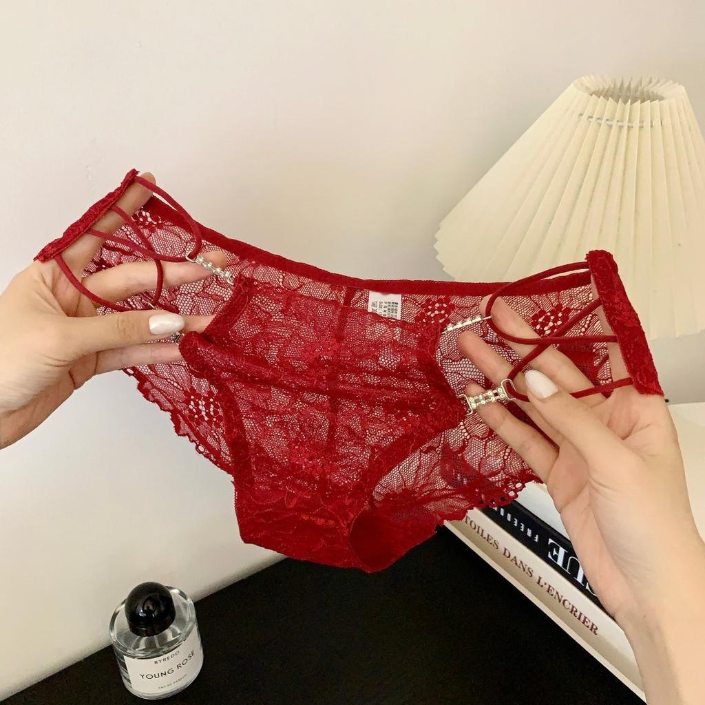 Ladies Spring and Summer Sexy Lace Hollow Out Flash Drill Strap Cotton Breathable Briefs
