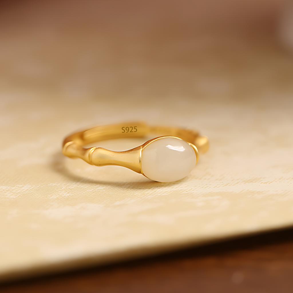 PANJBJ Anello Geometrico in Argento Sterling 925 con Giada di Hotan per Donna Ragazza Regolabile Gioielli Delicati Retrò Regalo di Compleanno Dropshipping