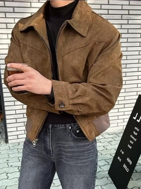 Korean Men's Suede Bomber Jacket: Autumn/Winter, Short, Loose, Thickened, Lapel, Zipper, Hong Kong Style.
