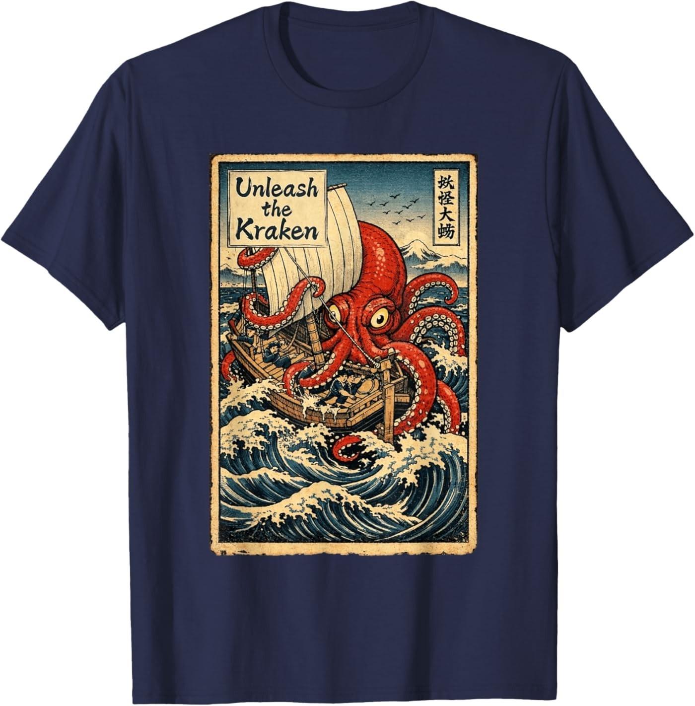 Unleash the Kraken Ukiyo-e Sea Monster Graphic Octopus T-Shirt S разноцветный