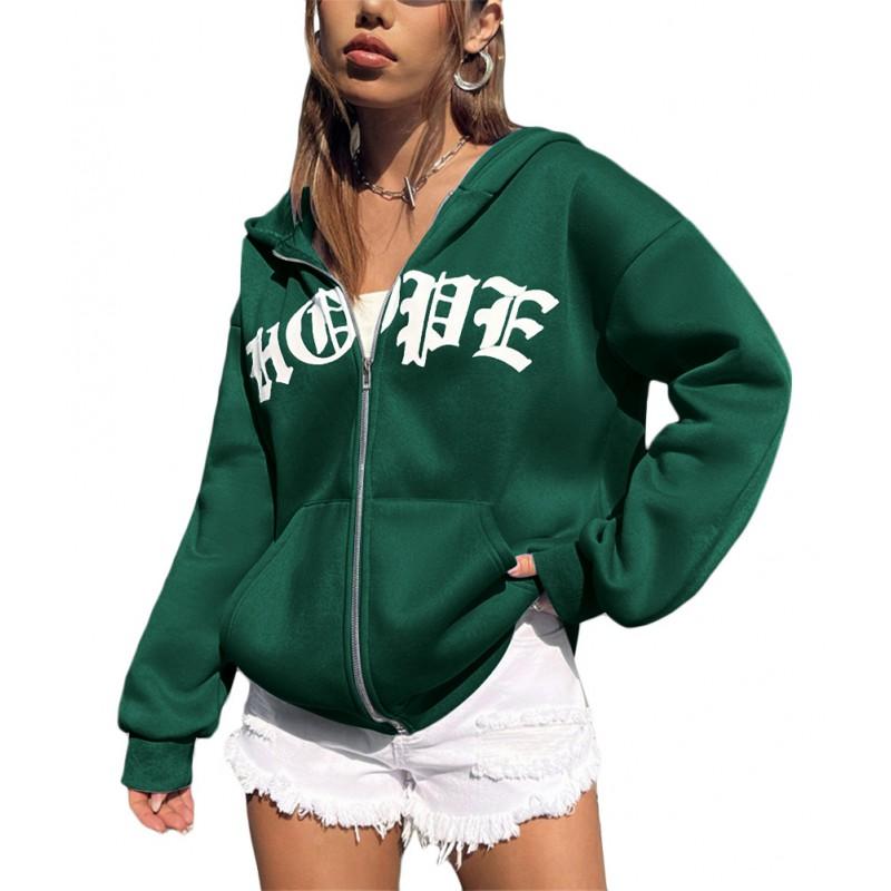 Unisex Oversized Zip-Up Hoodie With Letter Print Cotton Blend Warm Casual Sweatshirt