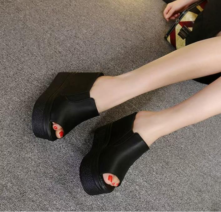 Fashion FHC14cm High Heels Wedges Sandals,Summer Shoe,Platforms Slides,Peep Toe Slippers,Microfiber Leather Slip On,Black,White,Dropship