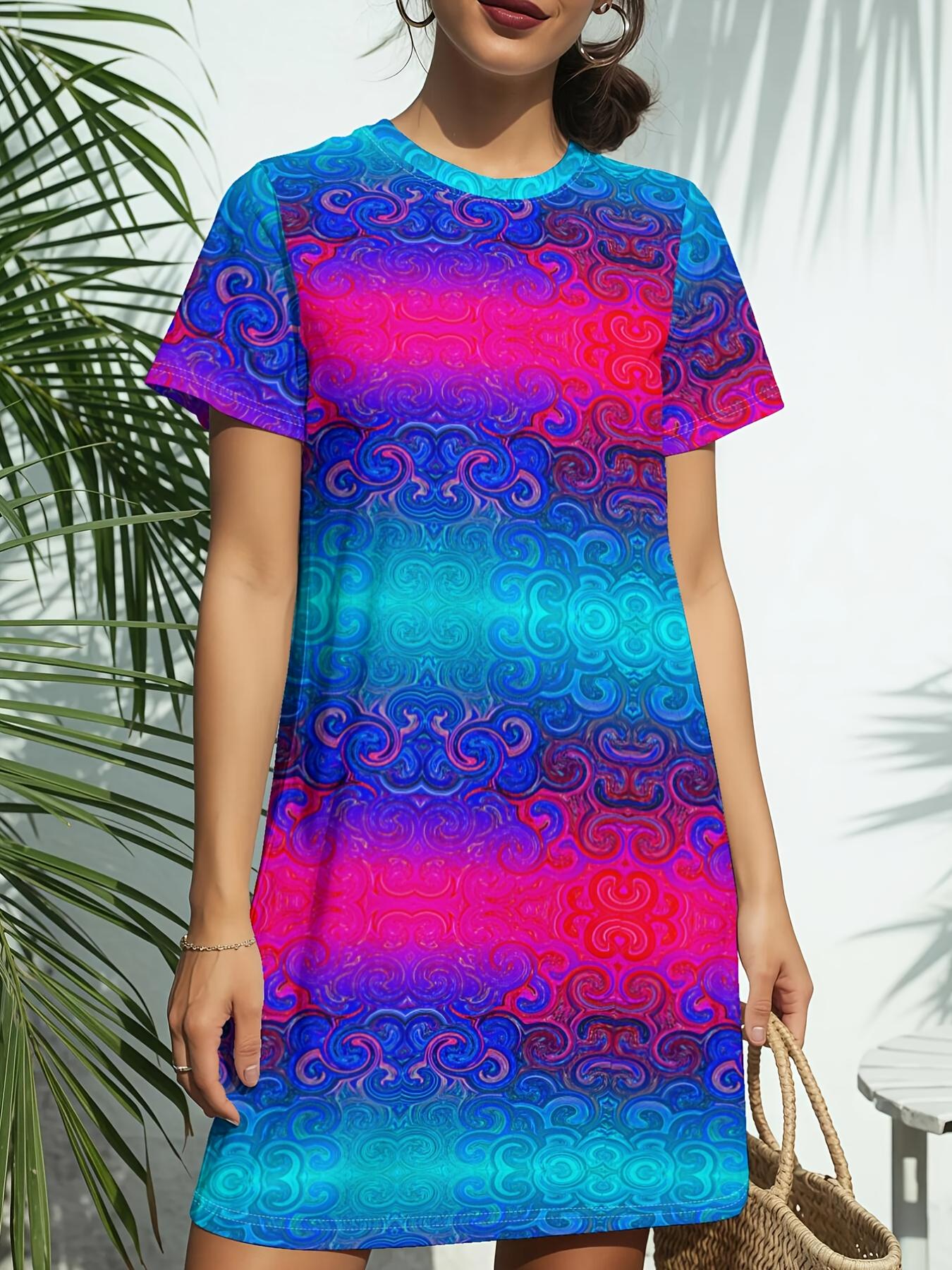 

Women s Short Sleeve T-Shirt Dress - Iridescent Gradient ; Suitable for Daily Wear. Dates. Birthday Gifts Crew Neck Short Dress with T-Shir Top Spr S дубильна кора