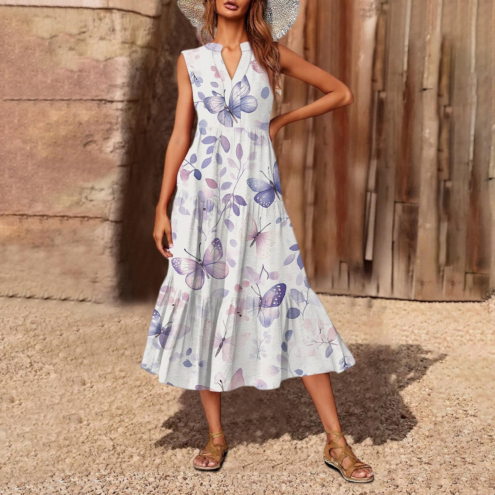 

Women s Casual And Fashionable V-neck Sleeveless Printing Mid Length Dress XL фіолетовий