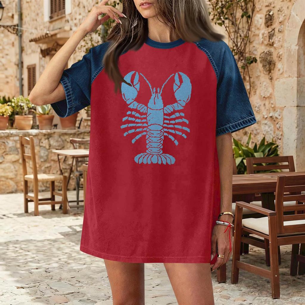 Women Casual Denim Patchwork Short Sleeve T Shirt Summer Spring Fashion Comfortable Loose Fit Crew Neck Top with Lobster Print