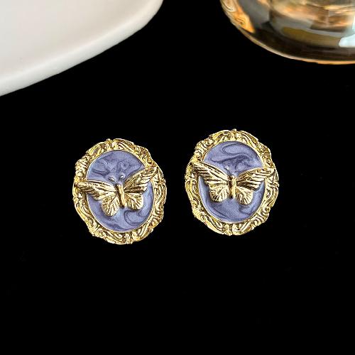 Retro oil painting flower earrings French super fairy purple oil drop earrings high-end earrings