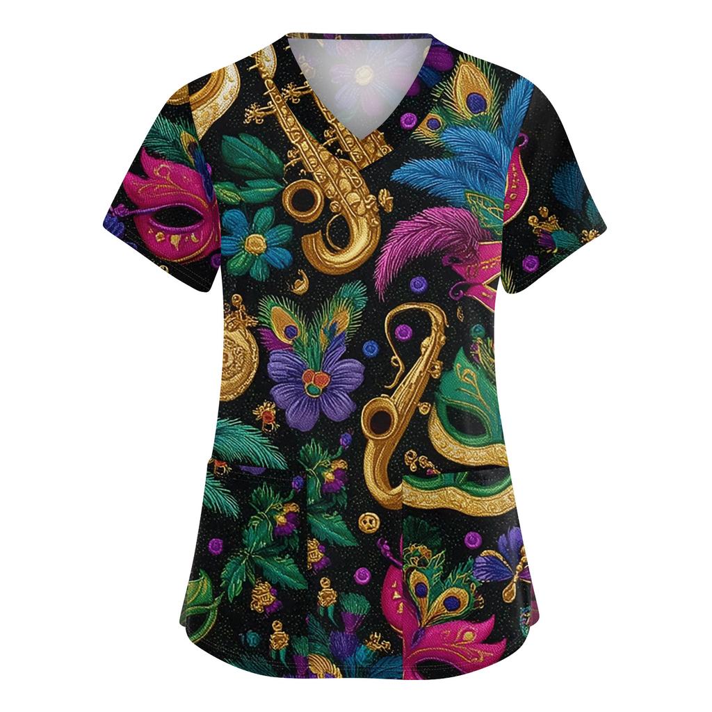 Women's Cute Printed Work Clothes V-neck Double Layer Pockets Basic Short Sleeve Top Pullover