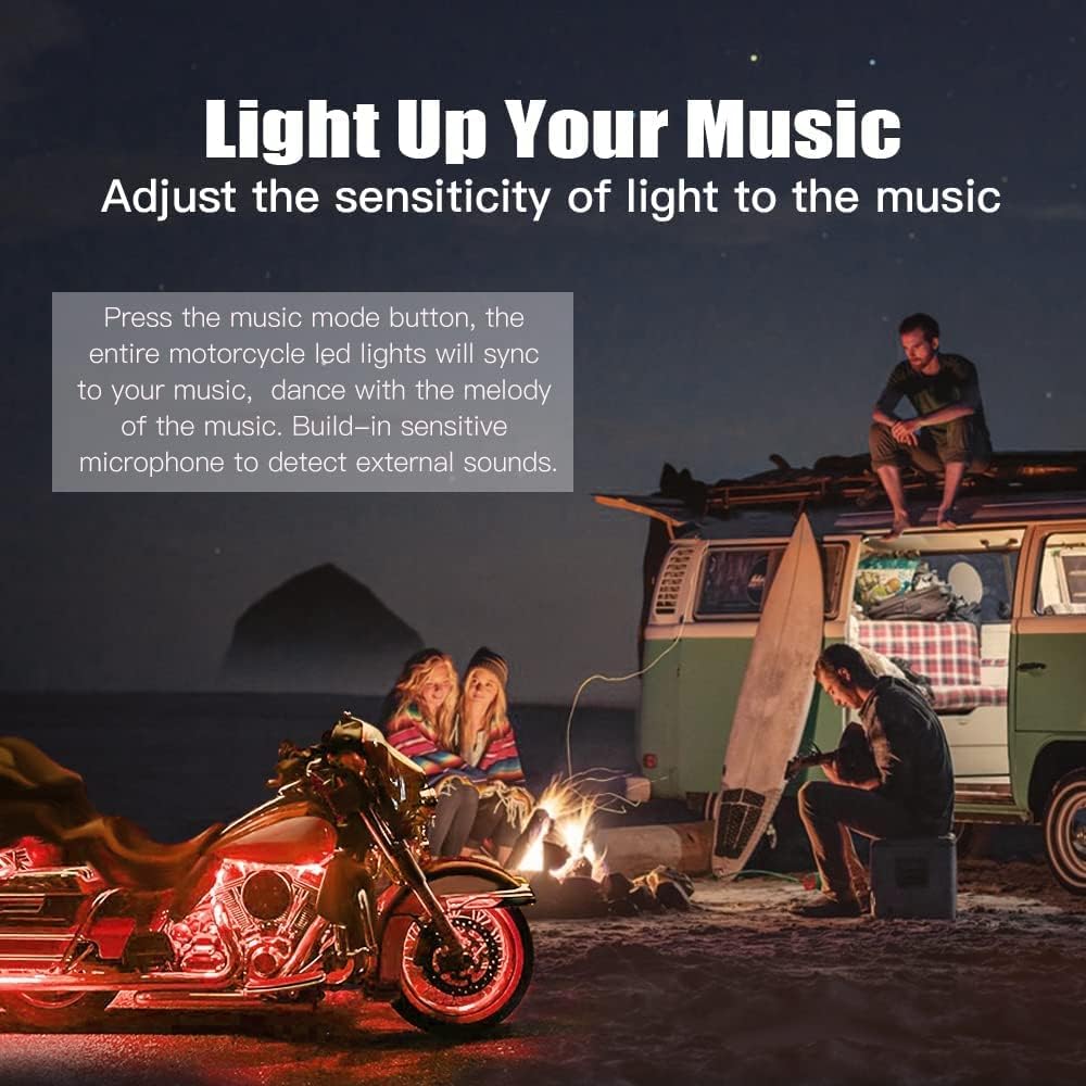 Kairiyard 8PCS Motorcycle Underglow LED Light Kit, App Control Multicolor Motorcycle LED Light Kit Music Sync RGB Strips Light Waterproof Compatible