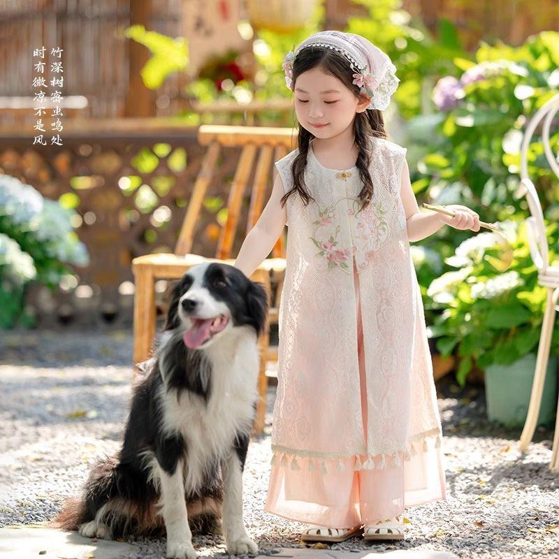 Girls' Neo-Chinese Style Vest and Pants Set Summer Thin Short Sleeve Outfit