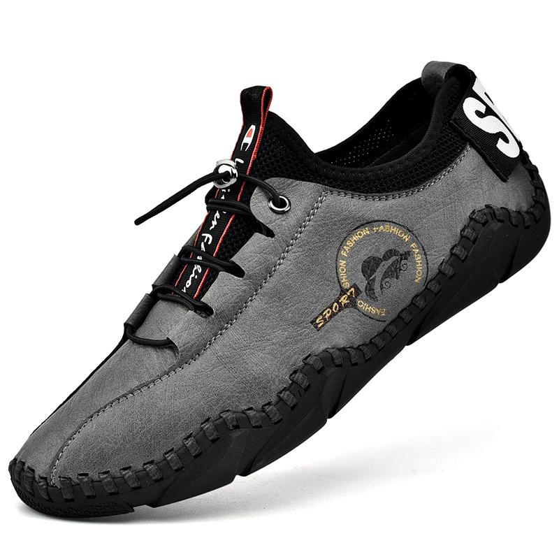 

Кожаная обувь ручной работы, мужские лоферы, повседневная мужская обувь из спилка, удобная прогулочная обувь для вождения, мокасины, мужская обувь на плоской подошве 46 серый