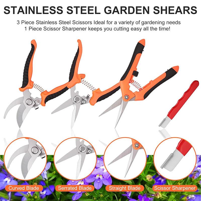 4PCS Gardening Tools Scissors Garden Scissors Set With Sharpening Stone Stainless Steel Pruning Shears With Sharp Blades Curved