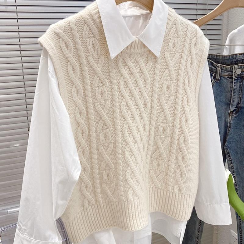 Vintage Cable Knit Sleeveless Sweater Women Korean Loose Layering Round Neck Vest Top