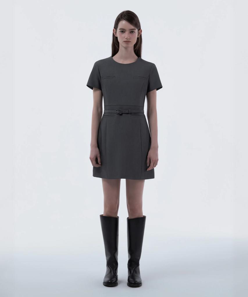 Mausolleum Belted Round Neck Suit Dress - Gray