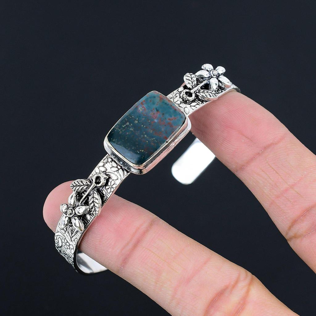 Bloodstone Stone Sterling Silver March Anniversary Wife Flower Engagement Bangle