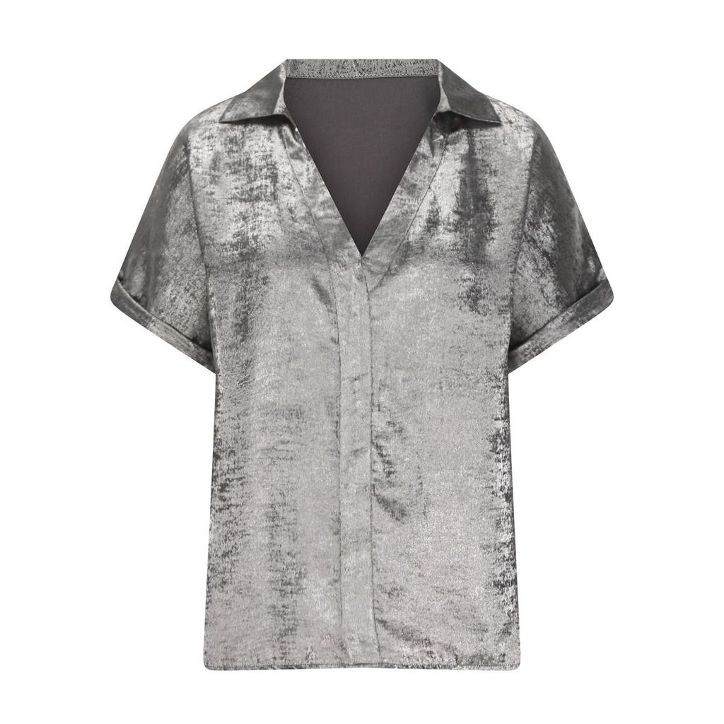 Women's Fashion Color Lapel Short Sleeved Loose Pullover Shirt Top