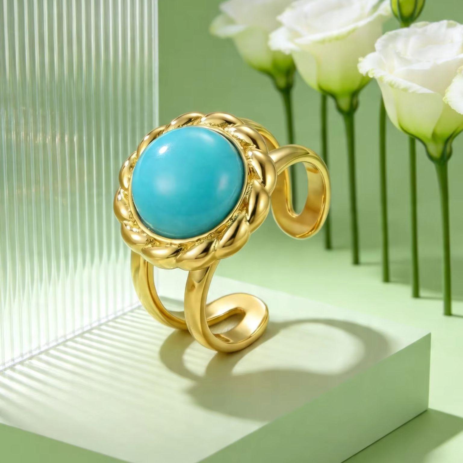 

Stainless Steel Natural Stone Open Ring for Women,Round Faux Light Blue Jade Pattern Rings, 18K Gold-Plated Finger Jewelry Gift