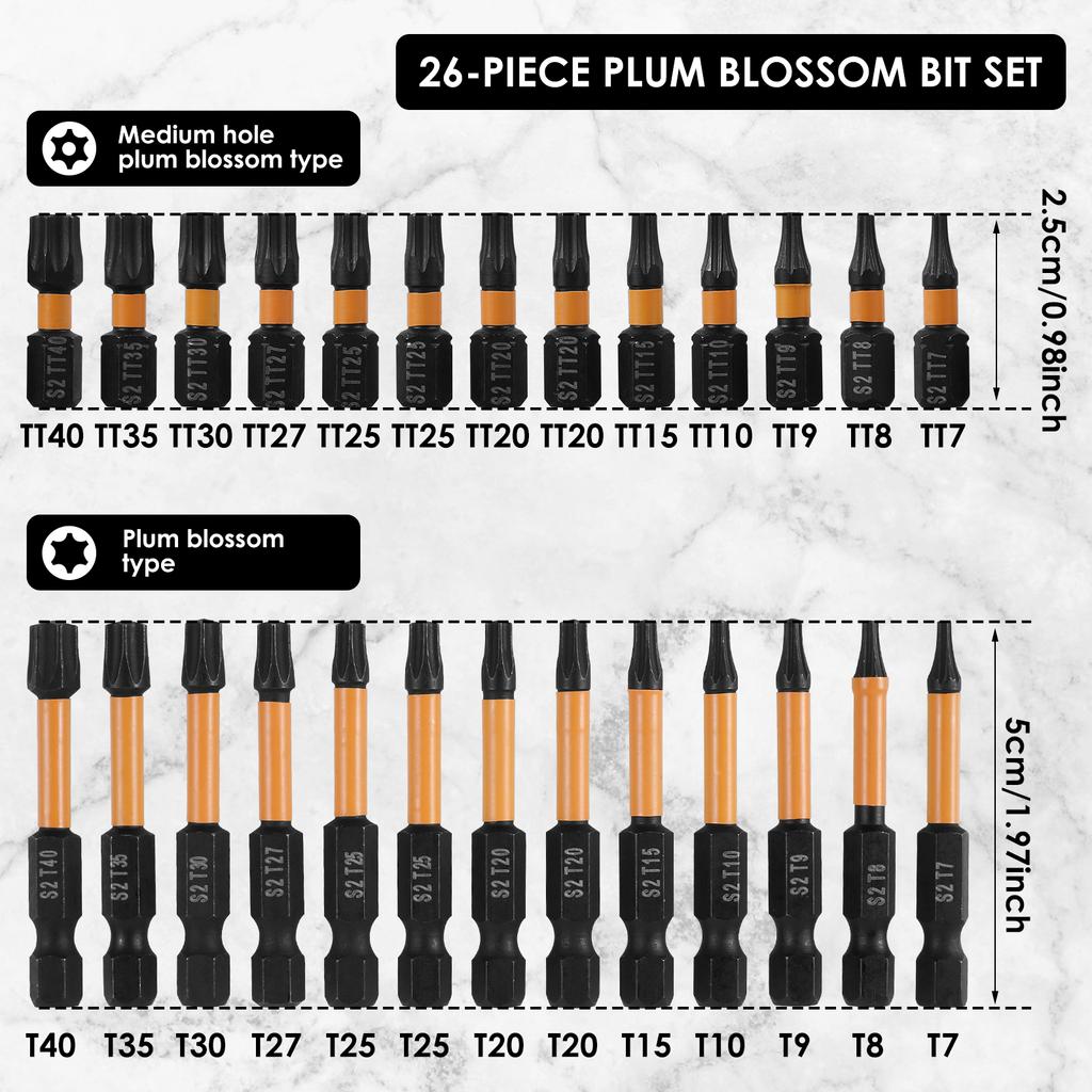 26Pcs 1/4inch Hex Shank Hole Security Torx Bits Set Screwdriver Electric Drills S2 Alloy Steel Torx Bit Kit 1inch 2inch T7-T40