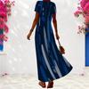 Women Plus Size V Neck Short Sleeve Printed Navy Blue Maxi Dress