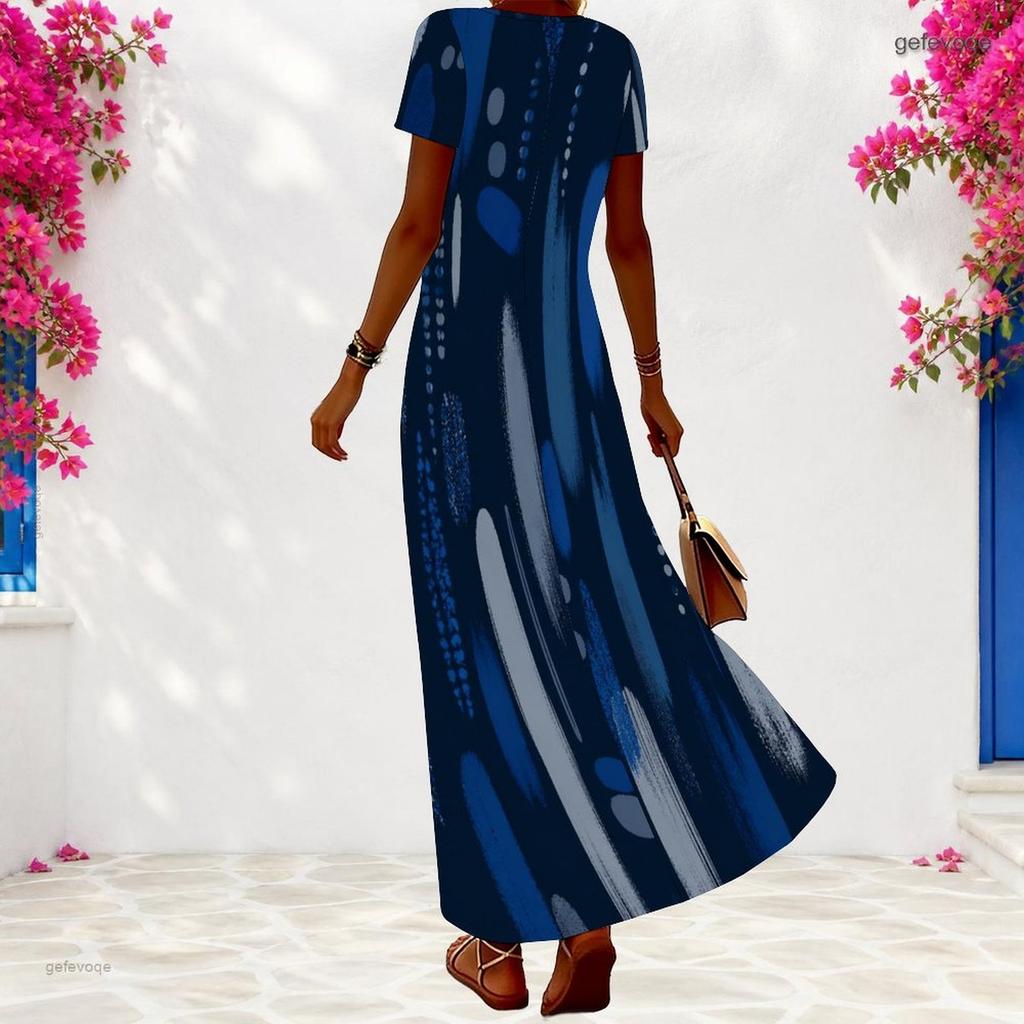 Women Plus Size V Neck Short Sleeve Printed Navy Blue Maxi Dress