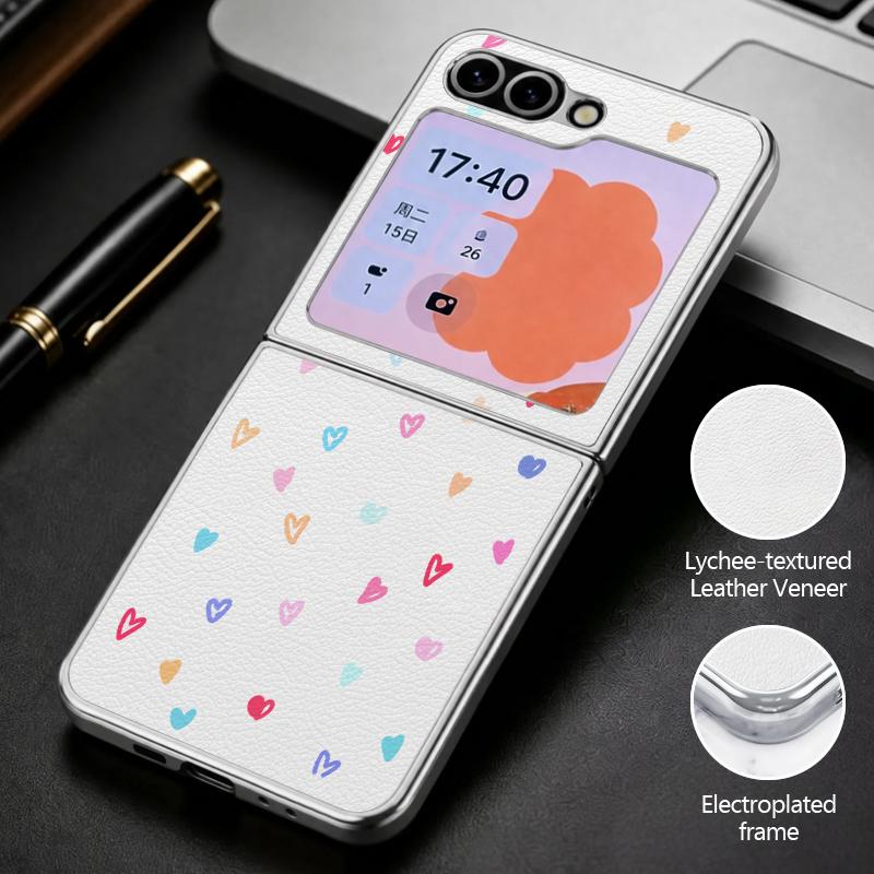INS Heart Sticker Collage Case For Samsung Galaxy Z Flip 8 7 6 5 Z Flip8 Flip7 Flip6 Hybrid 3in1 Plating Leather Skin Folding Phone Cover