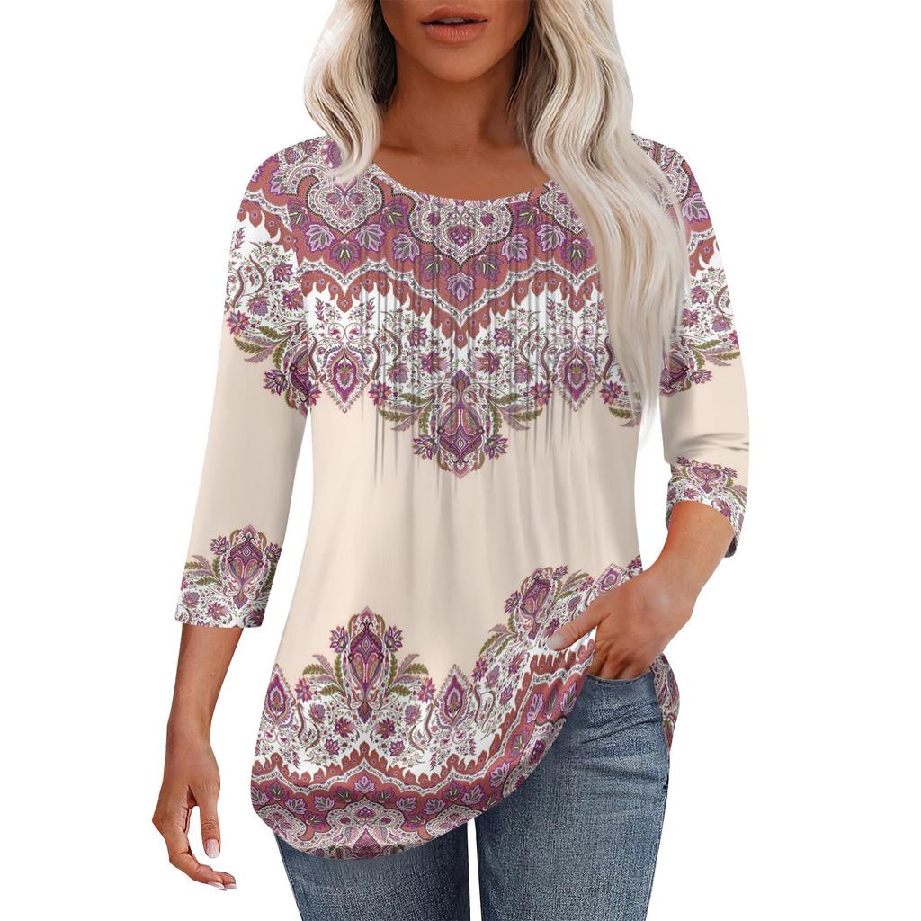 Women's Fashionable Casual Pleated Round Neck Casual Floral Print Seven Quarter Sleeved T-shirt Top