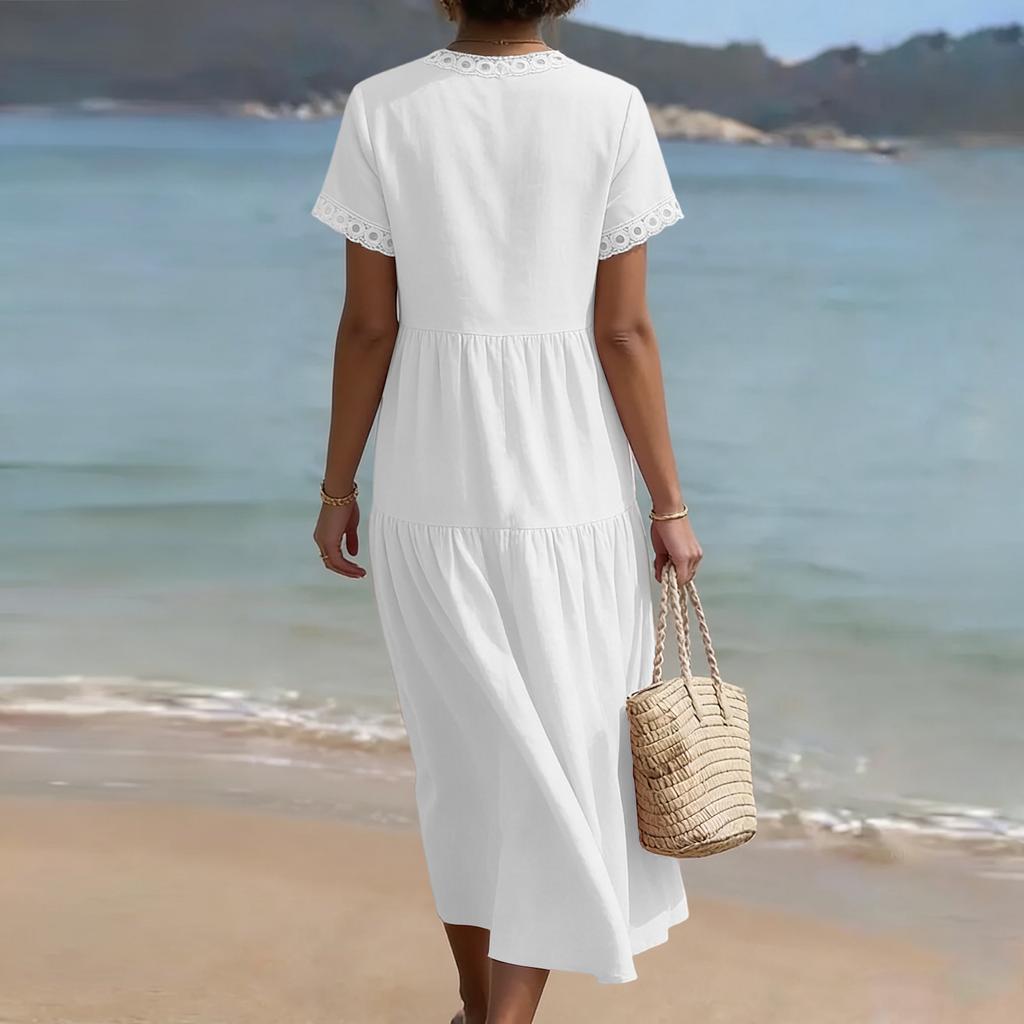 Damen Sommer Mode V-Ausschnitt Kurzarm Farbe Lässig Spitze Patchwork Kleid