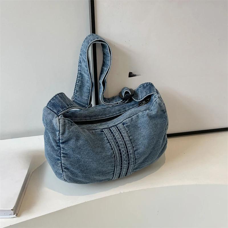 Casual Sewing Thread Zipper Denim Women's Crossbody Bag Fashionable and Versatile Large Capacity Shoulder Bag