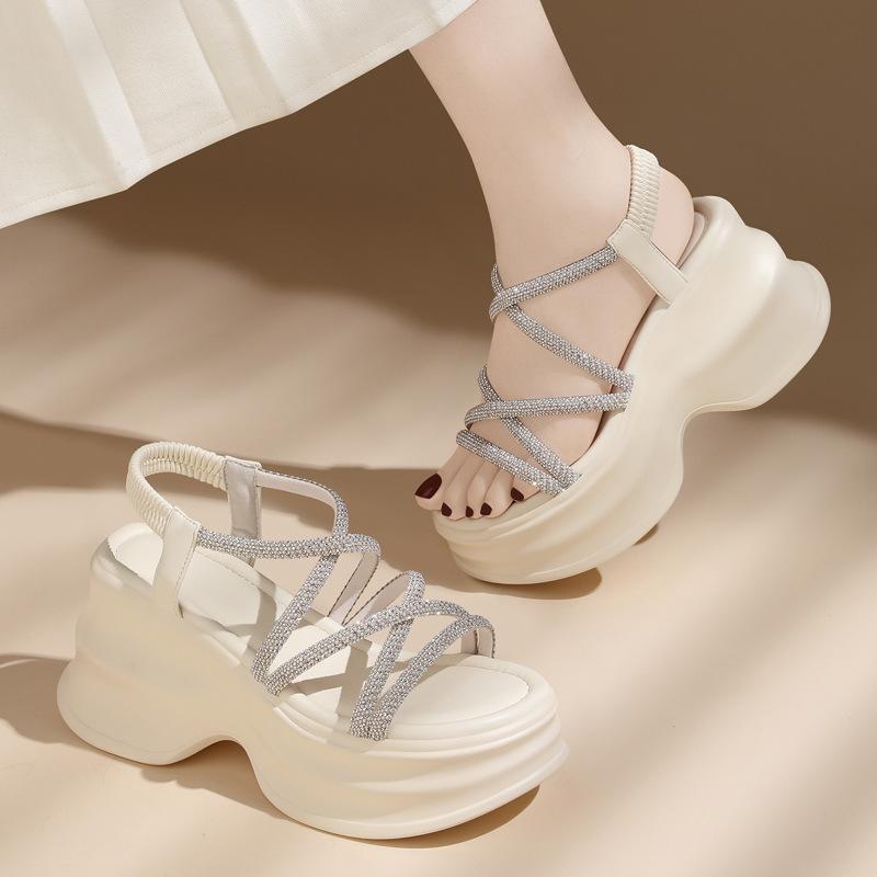 

Fashion muffin thick-soled wedge sandals women s summer soft-soled heightening women s shoes French waterproof table rhinestone Roman style 39