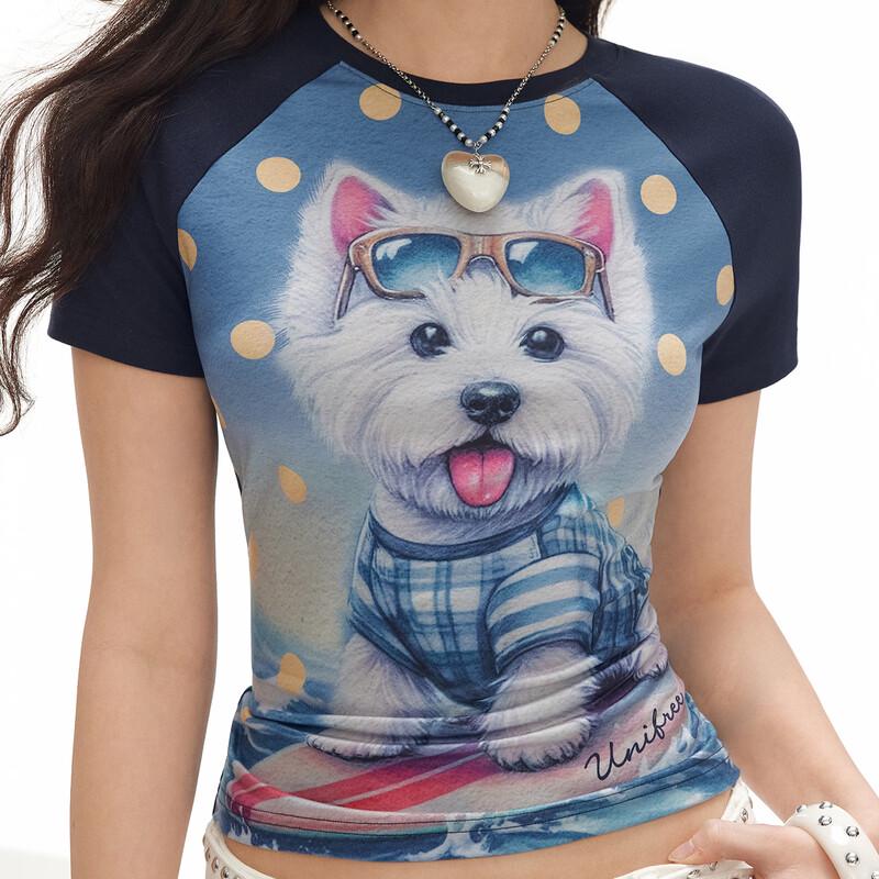 UNIFREE Cute Pet Print Color Block T-Shirt